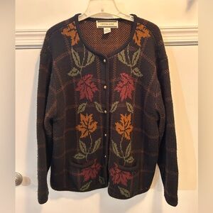 Crystal-Kobe Vintage Autumn Leaf Pattern Cardigan Sweater XL Cottagecore